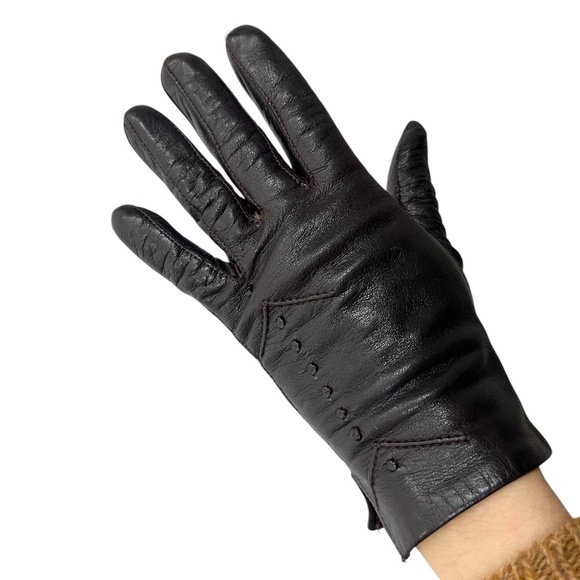 Vintage dark brown piqué stitched lined leather wrist length short gloves 7 - Picture 3 of 15